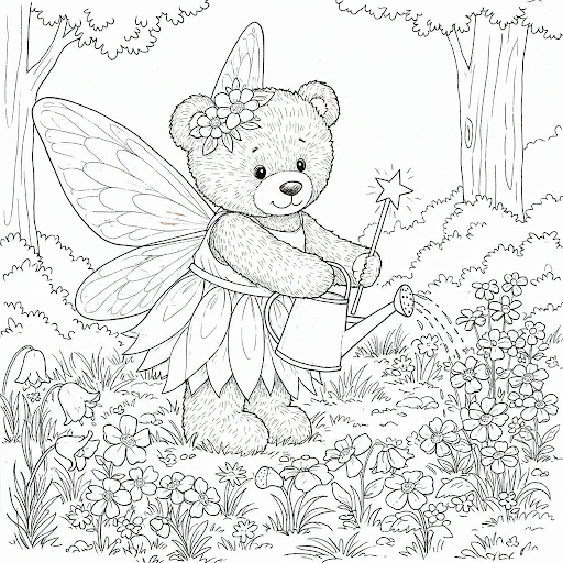 Beary Fairy Waters the Flowers